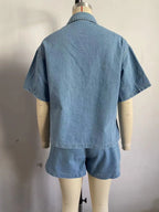 Summer Trendy Women's Casual Loose Pocket Short Sleeve Shirt Cowboy Two Piece Set