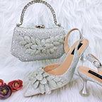 New Nigerian Best Selling Handmade Garland Gag and Shoes Fashionable Elegant Pointed Toe Women's Pumps Crystal Handle Clutch