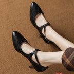 Women's genuine leather thin high heel cross strap carving british style pumps elegant ladies retro daily slim dress pumps shoes