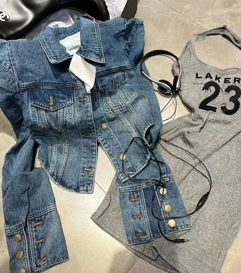 American Vintage Cropped Jackets Women Denim Chic Design Hip Hop Streetwear Young Slim Outwear Long Sleeve New Spring Popular
