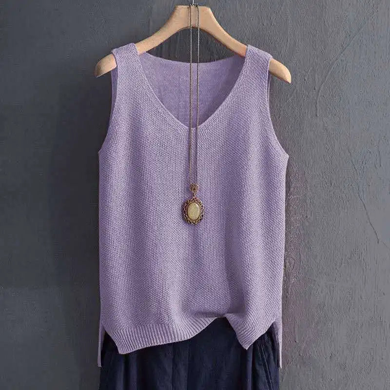 40-100Kg Women Clothing Casual Loose Oversized Solid Sweater Vest Summer Knit Ice Silk T-shirt Chic Sleeveless All-match Tops