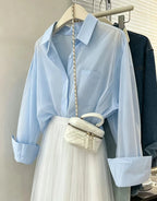 Women's Casual Solid Color Drop-Shoulder Loose Shirt, Long-Sleeved Shirt