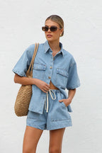 Summer Trendy Women's Casual Loose Pocket Short Sleeve Shirt Cowboy Two Piece Set