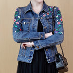 Embroidered denim jacket women's short 2025 spring and autumn new versatile elastic slim denim jacket Korean version jacket top