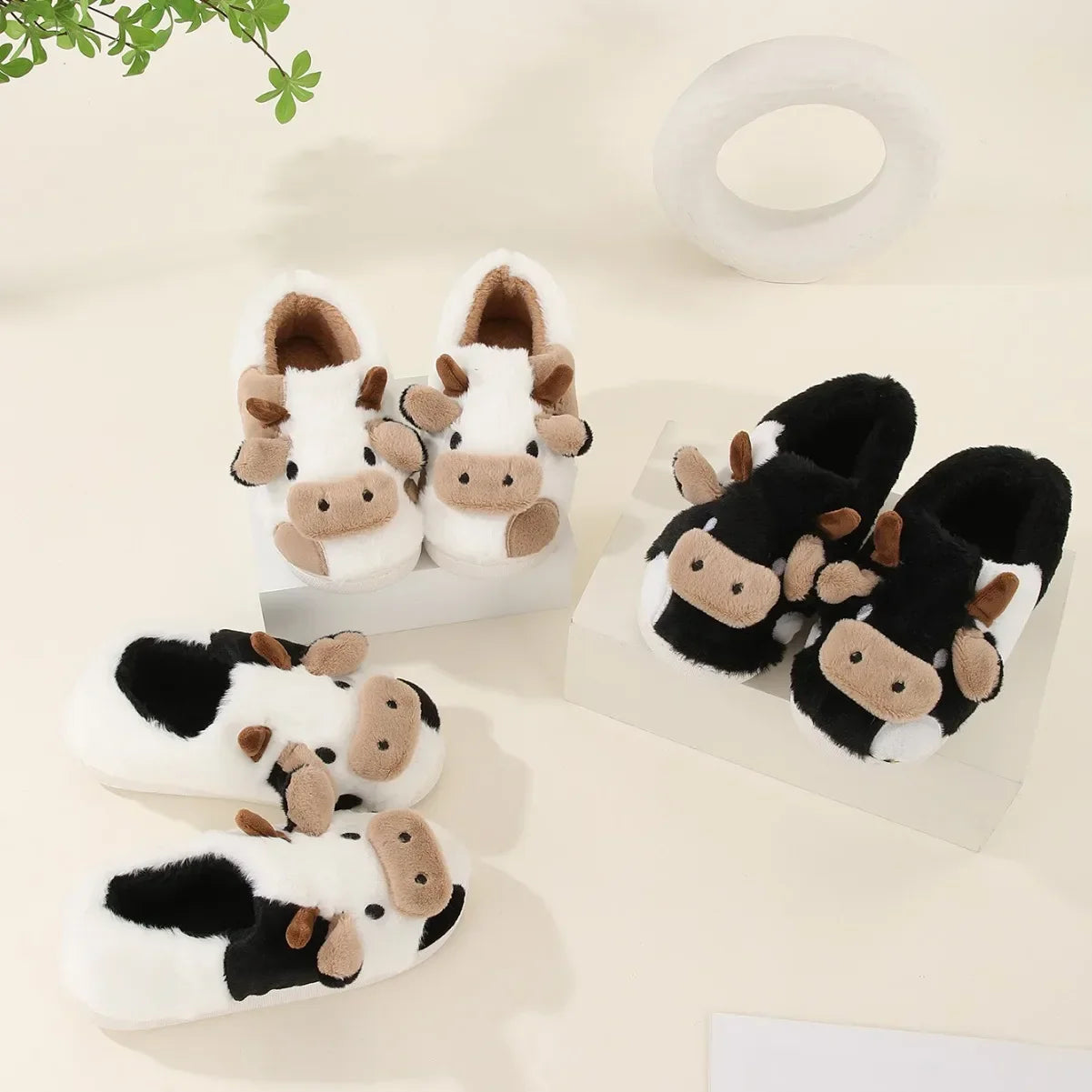 Plush Cartoon Cow Slippers for Warm Cozy Indoor Comfort