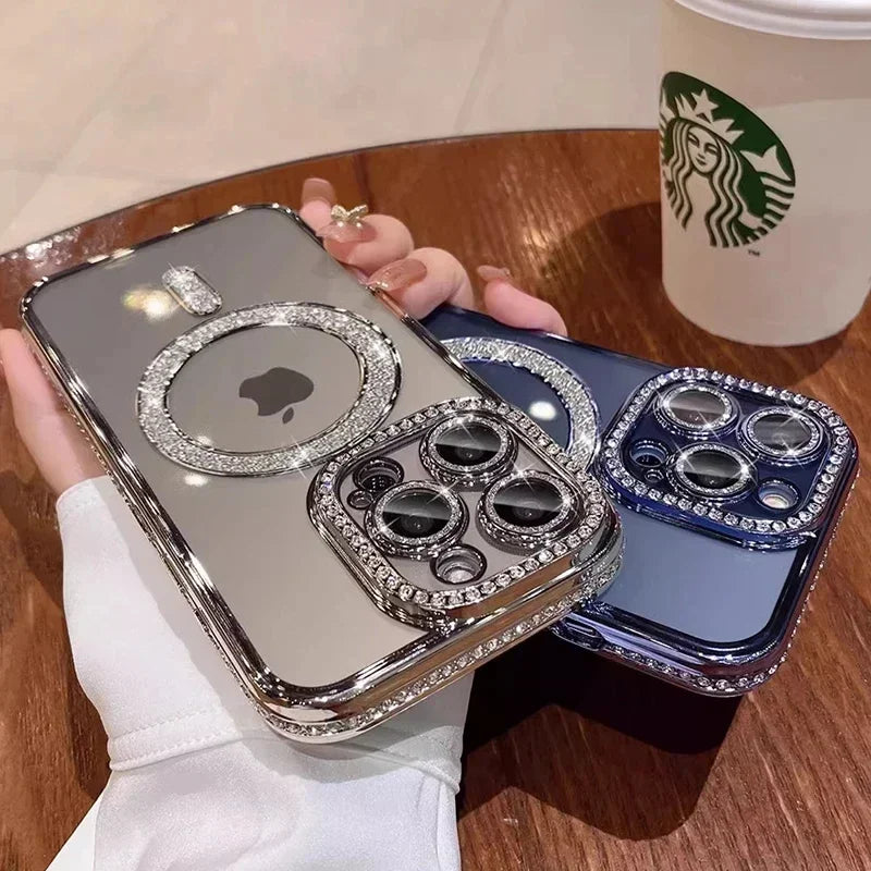 Clear Bling Crystal Phone Case For iPhone 16 15 14 11 12 13 Pro Max Plus For Magsafe Magnetic Wireless Charging Lens Film Cover