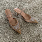 New Summer Women's Sandals Rhinestone Bright Mesh High Heels Footwear Elegant Slingback Pointed Slip on Party Lady Pumps Shoes