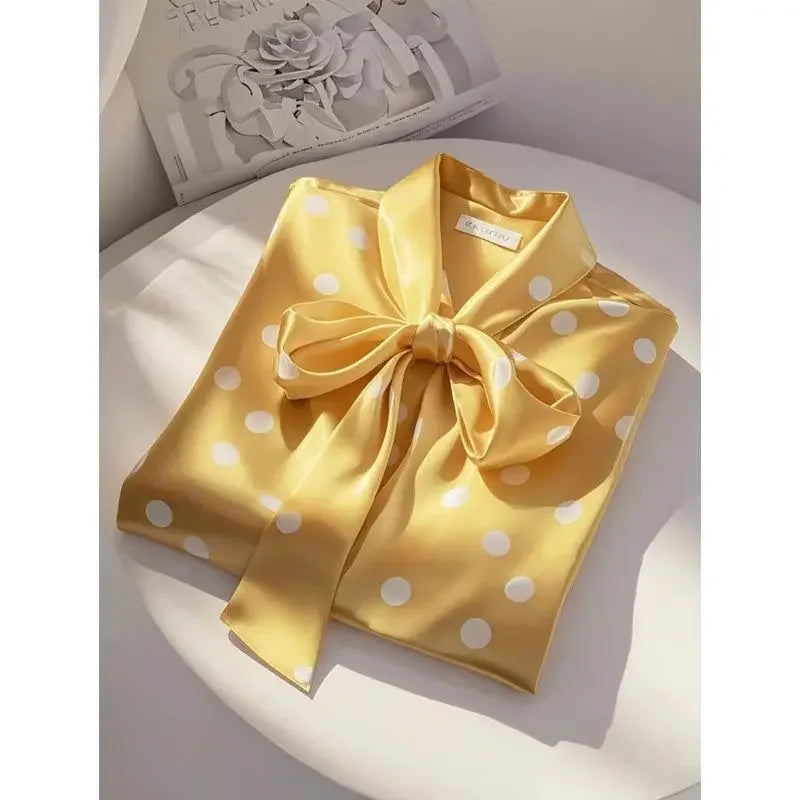 Elegant High Quality Satin Polka Dot Print Shirt Women Office Lady Business Casual Chic Blouse Lace-up Bow Long Sleeve Loose Top