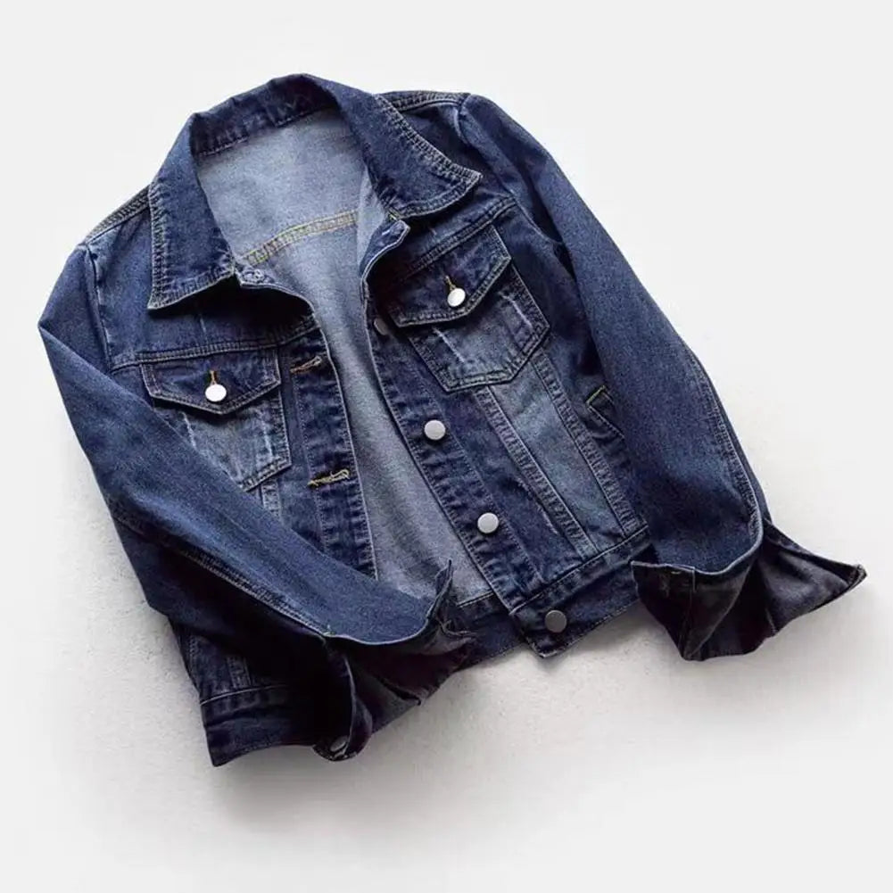 Women Denim Jacket Single-breasted Chest Flap Pocket Jacket Long Sleeve Slim Short Coat Retro Ladies Denim Jackets Outerwear