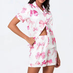 Y2k Pink Bow Silk Pajama Sets for Women