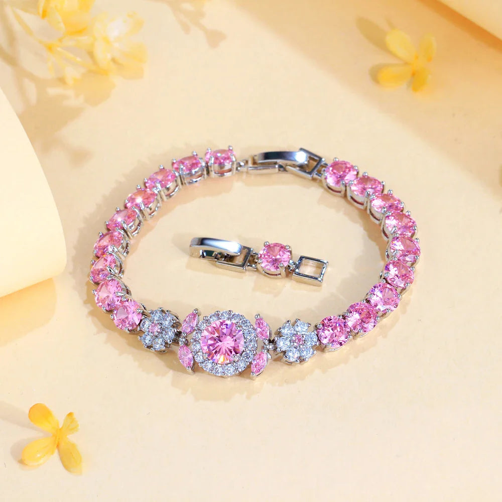 Pink Round Cubic Zircon Tennis Bracelet