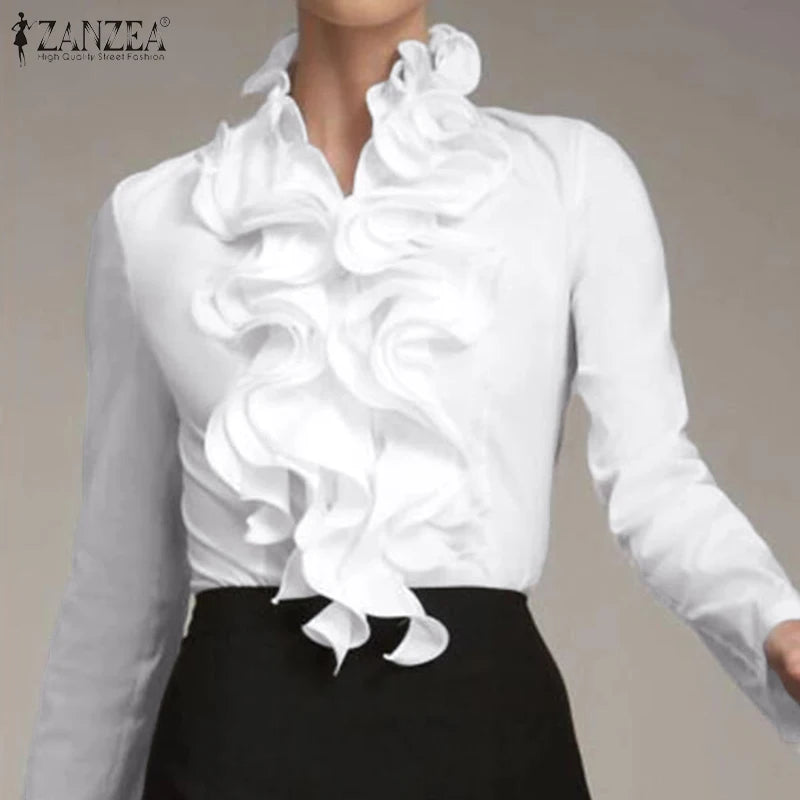 ZANZEA Elegant Women Blouse Ruffles Tops Fashion Long Sleeve Shirts Flounce Blusas Stylish OL Work Shirt Female White Blouses