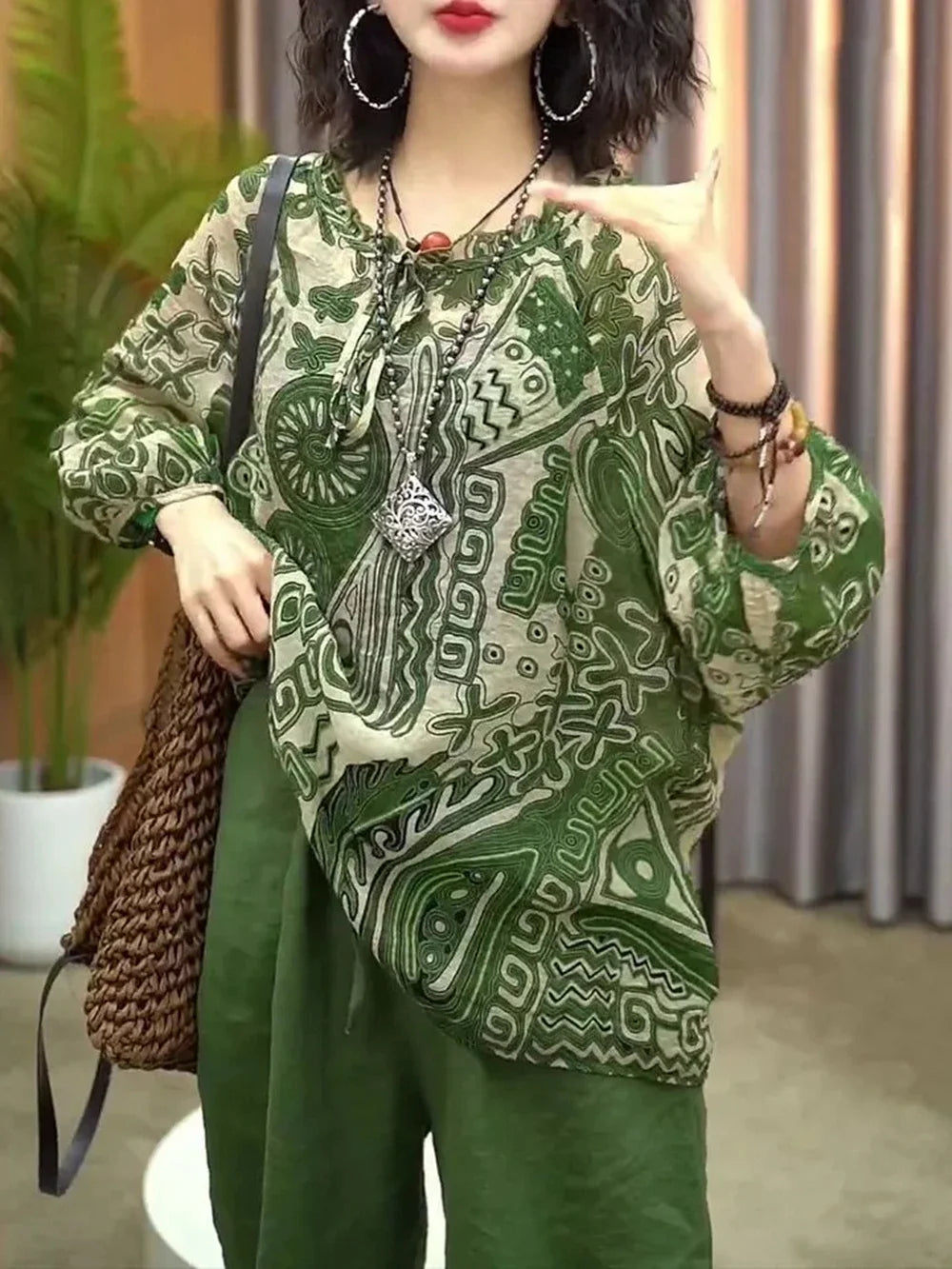 New Womens Cotton and Linen Clothing Sets Female Floral Long Sleeve Tops and Loose Pants Female 2PCS Outfits Plus Size