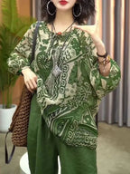 New Womens Cotton and Linen Clothing Sets Female Floral Long Sleeve Tops and Loose Pants Female 2PCS Outfits Plus Size