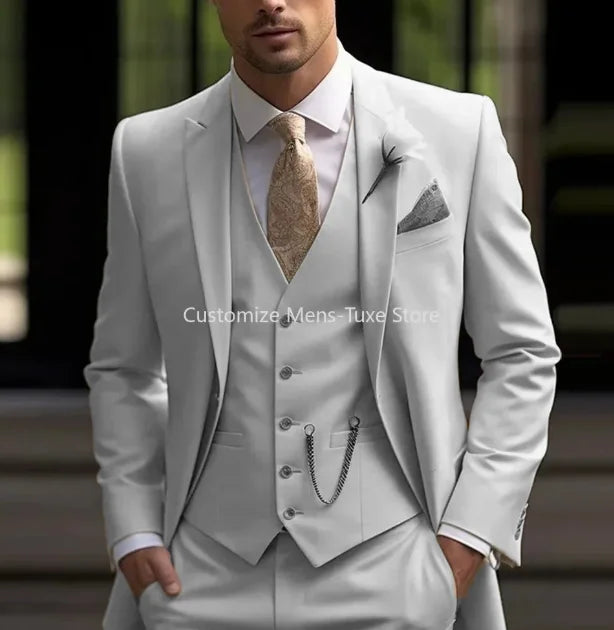 New Beige Suit Men Business Tuxedos Formal 3 Piece Set Jacket Vest Pants Single Breasted Groom Groomsman Prom Wedding Party