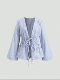Striped Tie Bow Puff Sleeve Shirt
