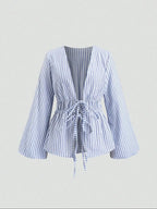 Striped Tie Bow Puff Sleeve Shirt