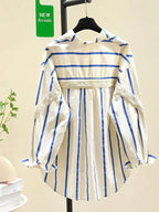 2025 Early Autumn New Arrival Women's Oversized Youthful Design Patchwork Blue Striped Shirt Fashion