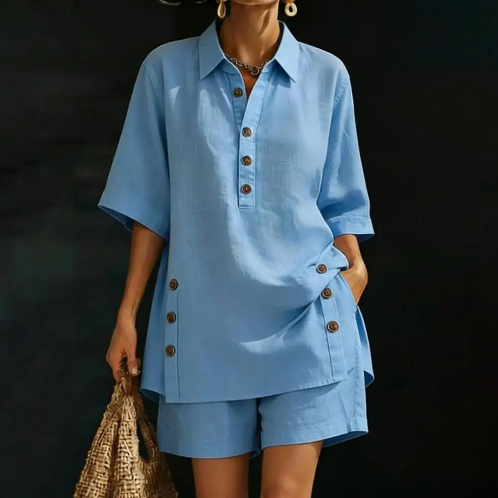 Fresh Color Women Blouse Cotton Linen Set Button Short Sleeve Shirt And Wide Leg Shorts 2 Piece Outfit Summer Women Outfit