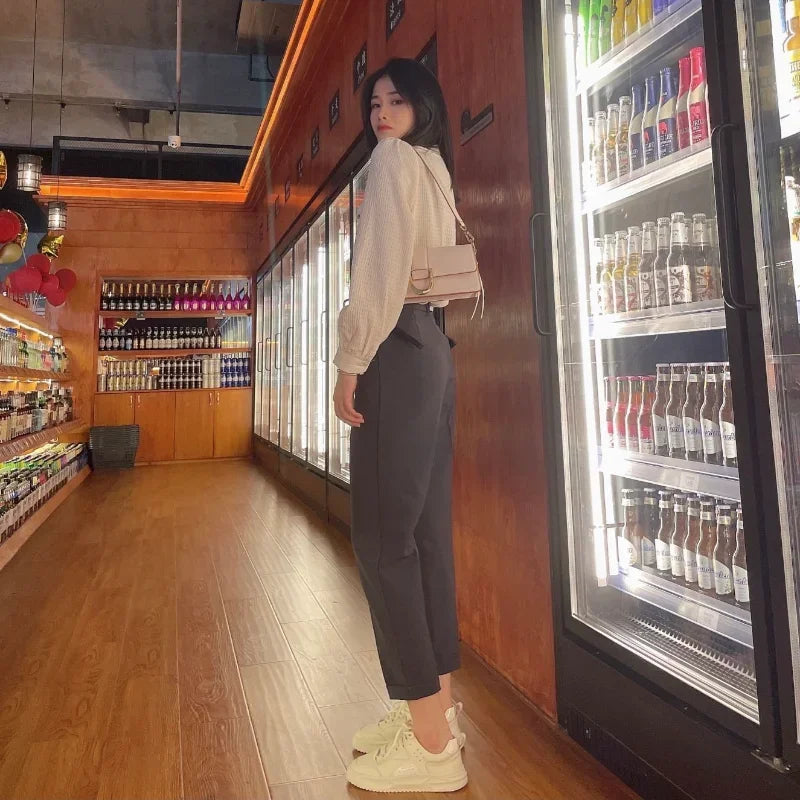 Elegant Summer Casual Pants Women Fashion Solid Color Sashes  Slim Straight Trousers Chic Business Mujer Retro Belt Korean Style