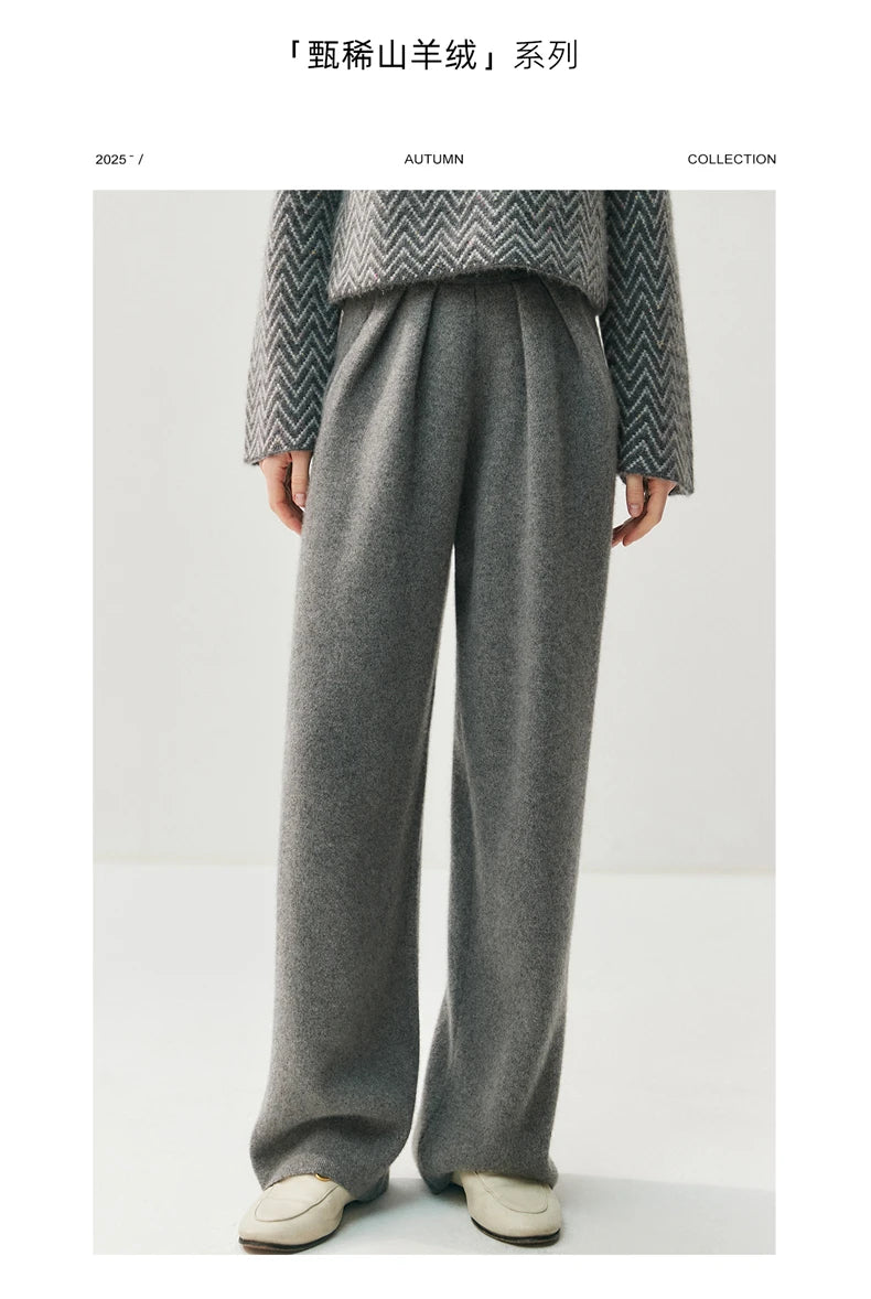 New Women's 100% Cashmere Knitted Thick Pants Autumn Winter Comfortable Skin Friendly Wide-leg Pants Solid Color Casual Clothing