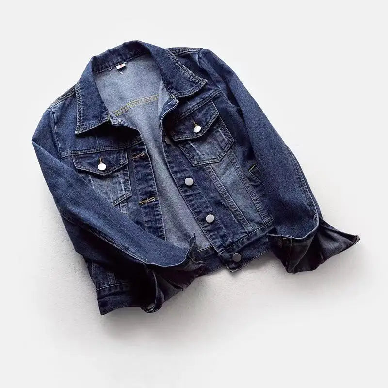 Slim Fit Denim Jacket for Women Short Washed Single Breasted Long Sleeve Tops