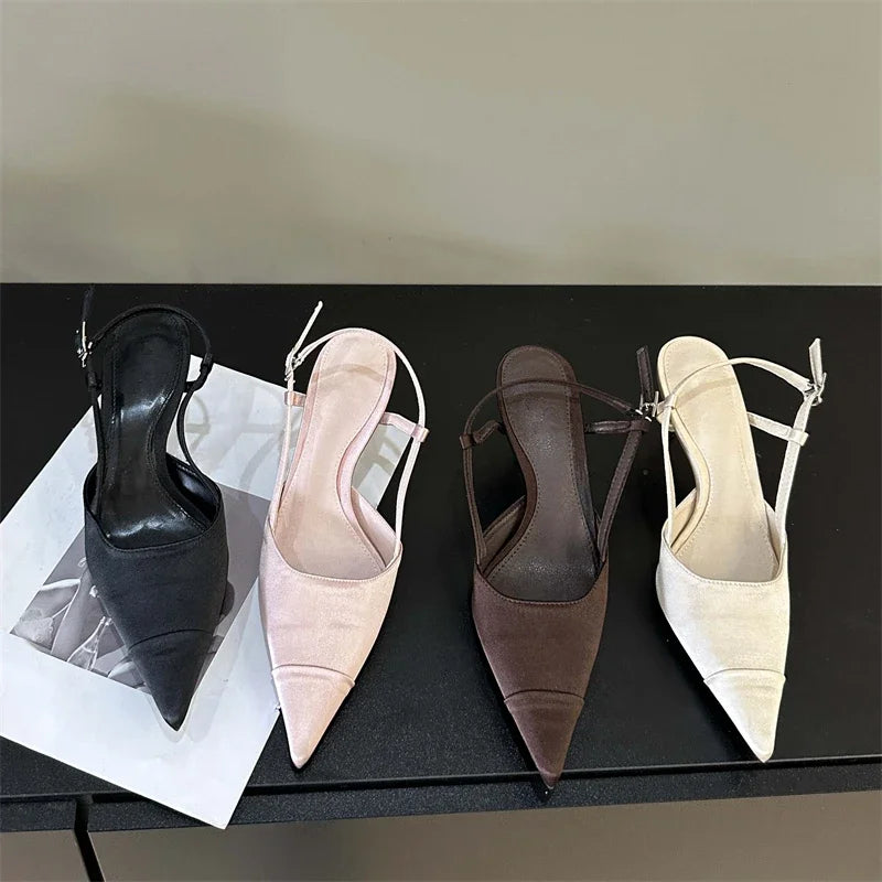 Eilyken High Quality Satin Buckle Strap Women Pumps Sandals Fashion Shallow Thin Heels Pointed Toe Slingback Mules Shoes