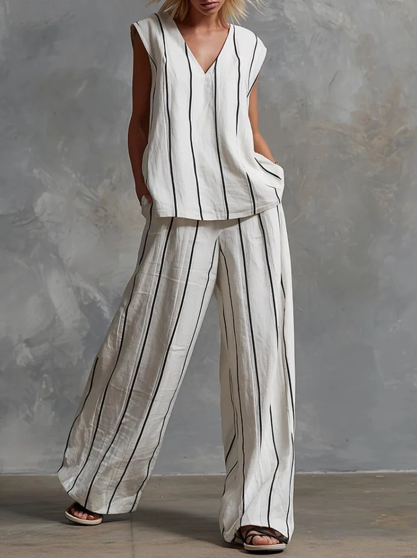 Black White Vertical Striped Loose Top+Wide Leg Pants Two-piece Summer Women's Loose Cotton Linen Trousers Set Костюм Женский