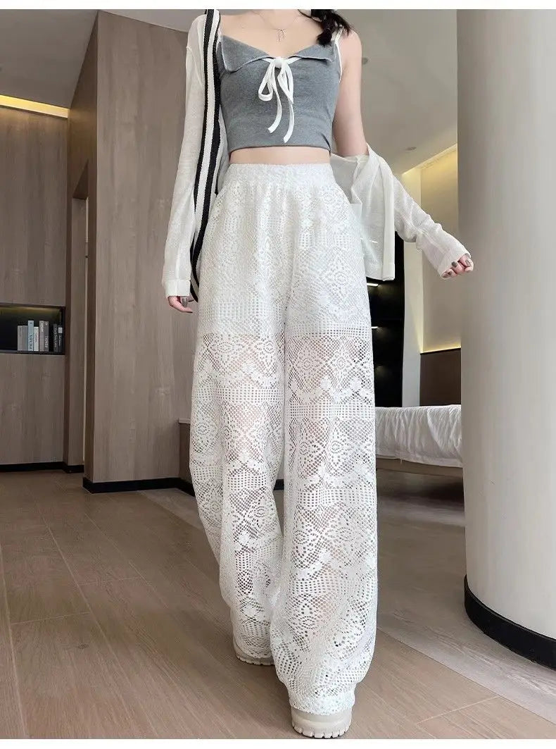Hollow Lace White Casual Wide Leg 2025 Loose New Lazy Style Design Straight Trousers