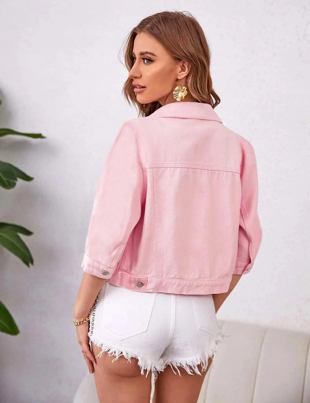 Womens Jean Jacket Cropped Denim Jackets Purple Yellow White Blue Stretchy 3/4 Puff Sleeve Distressed Shacket With Pockets