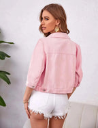 Womens Jean Jacket Cropped Denim Jackets Purple Yellow White Blue Stretchy 3/4 Puff Sleeve Distressed Shacket With Pockets
