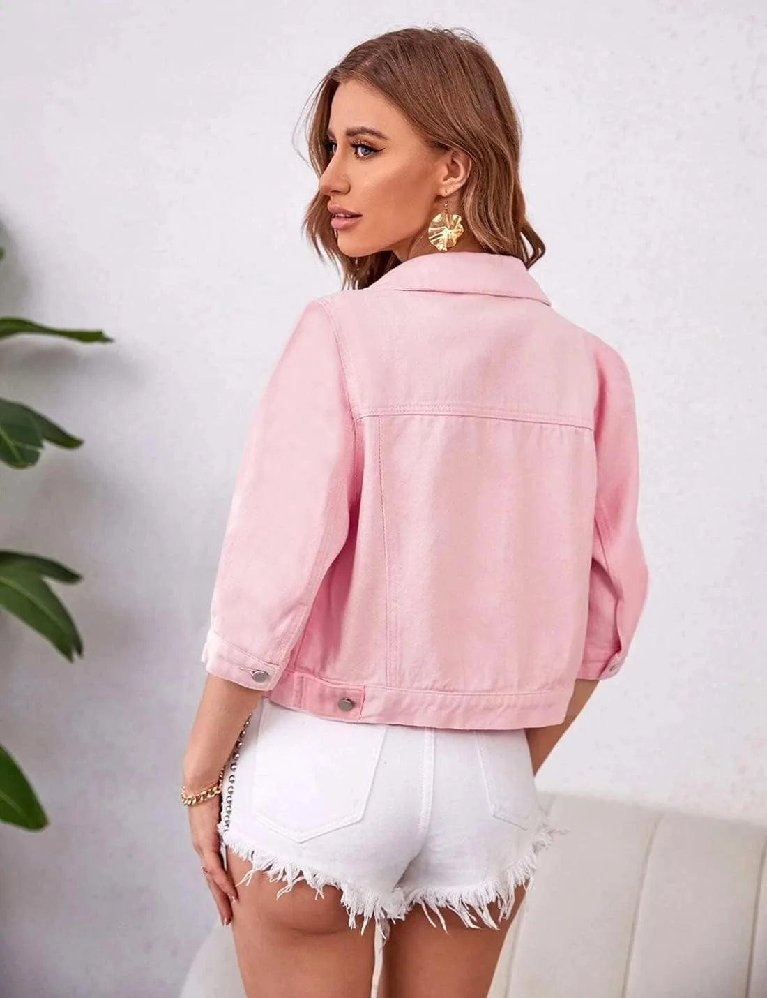 Womens Jean Jacket Cropped Denim Jackets Purple Yellow White Blue Stretchy 3/4 Puff Sleeve Distressed Shacket With Pockets