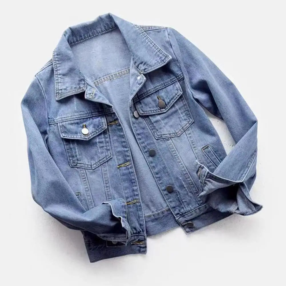 Women Denim Jacket Single-breasted Chest Flap Pocket Jacket Long Sleeve Slim Short Coat Retro Ladies Denim Jackets Outerwear
