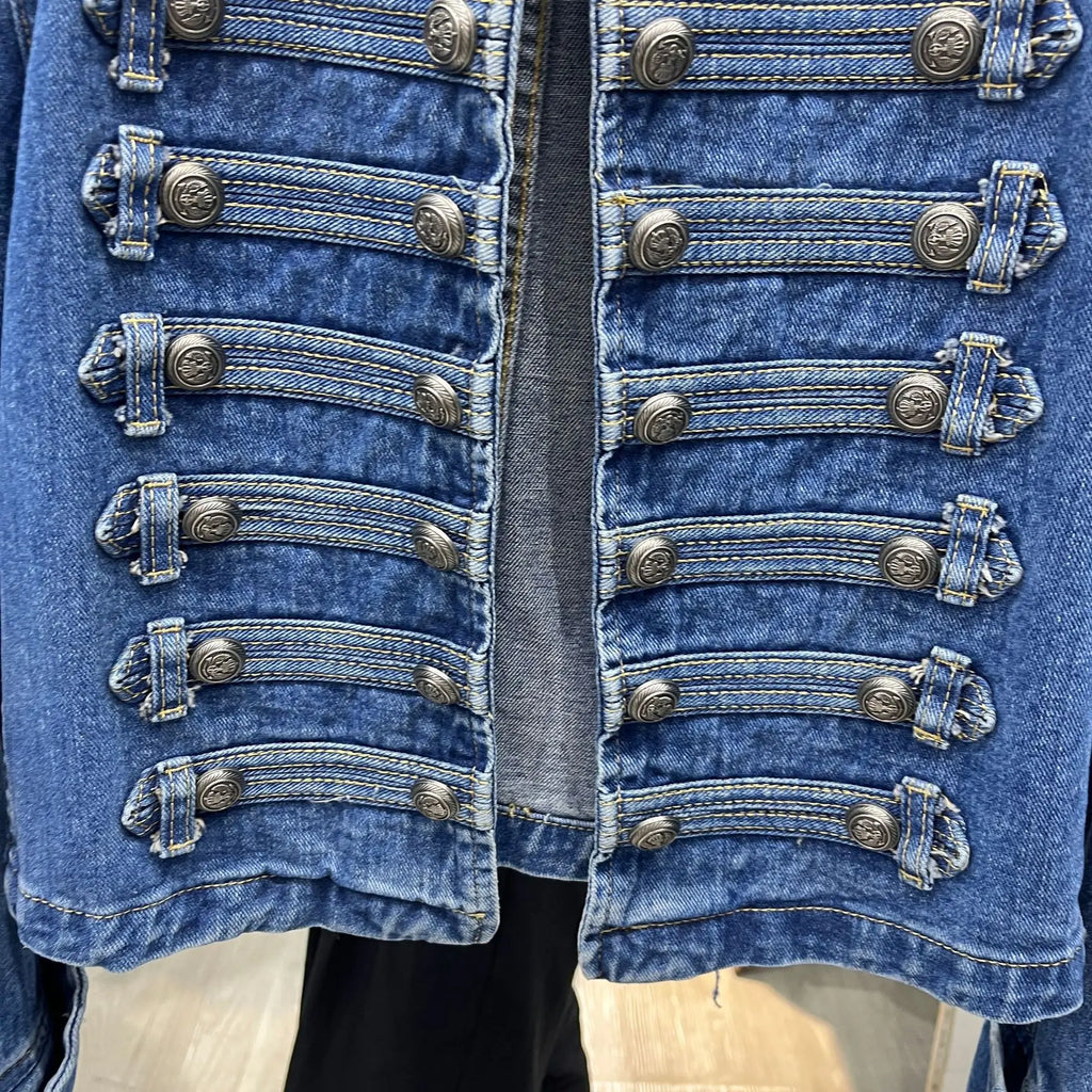 Denim Coat Women Jacket Streetwear Distressed Button Stand Collar Washed Patchwork Female Vintage Autumn Casual Outerwear