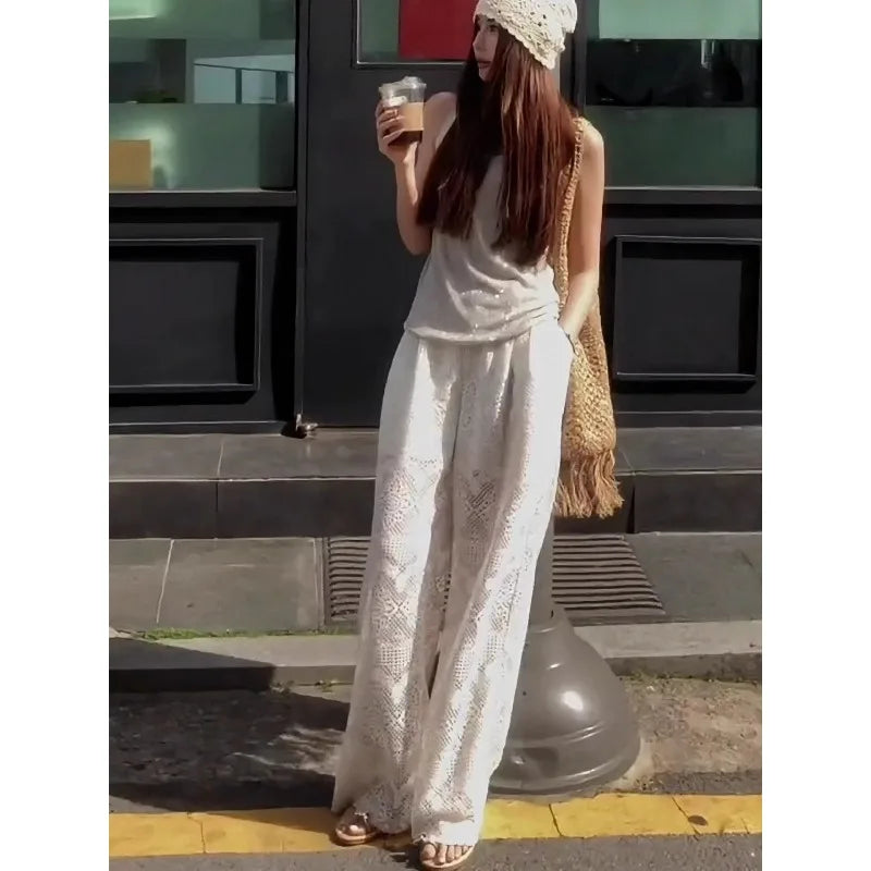 Hollow Lace White Casual Wide Leg 2025 Loose New Lazy Style Design Straight Trousers