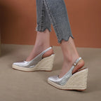 LIHUAMAO wedge ankle strap pointed toe shoes women slingback heels platform espadrilles shoes lady singback heel pumps