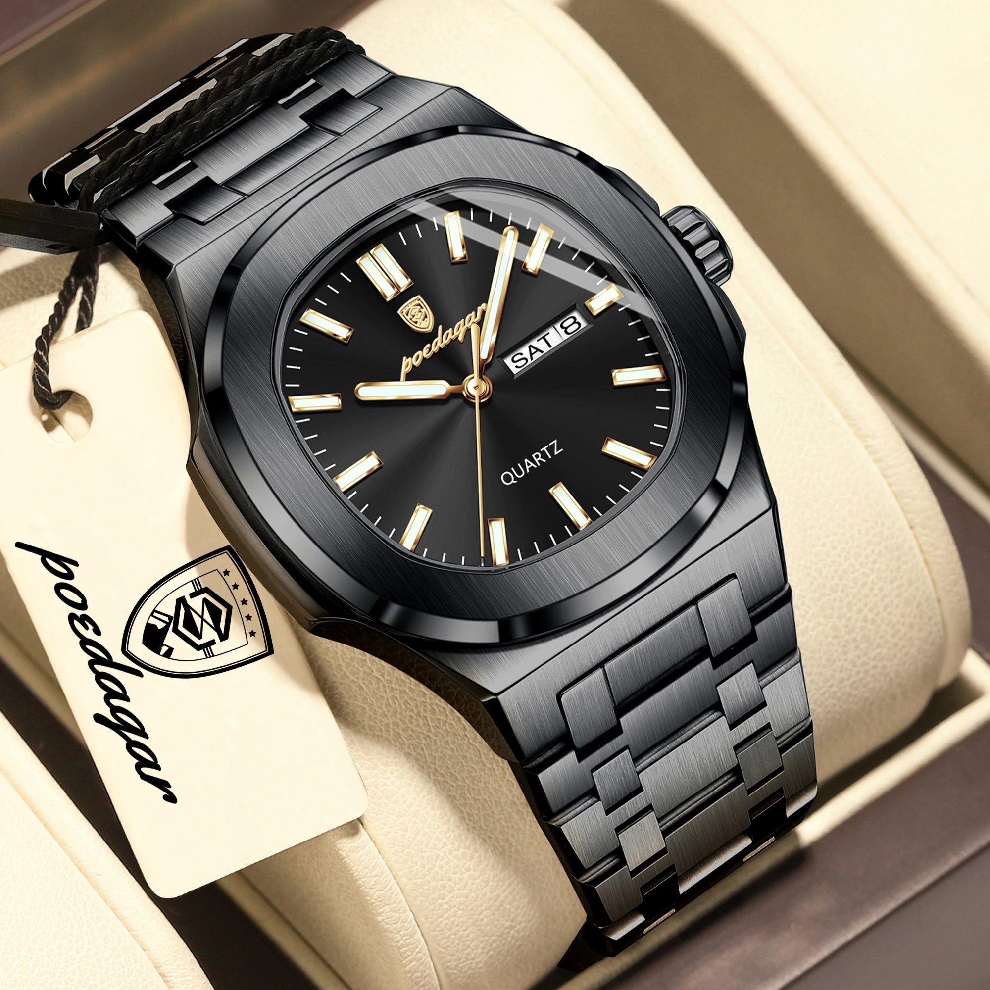 POEDAGAR Top Trendy Men's Watches Waterproof Luminous Date Week Luxury Men Watch Stainless Steel Quartz Business Man Clock Reloj