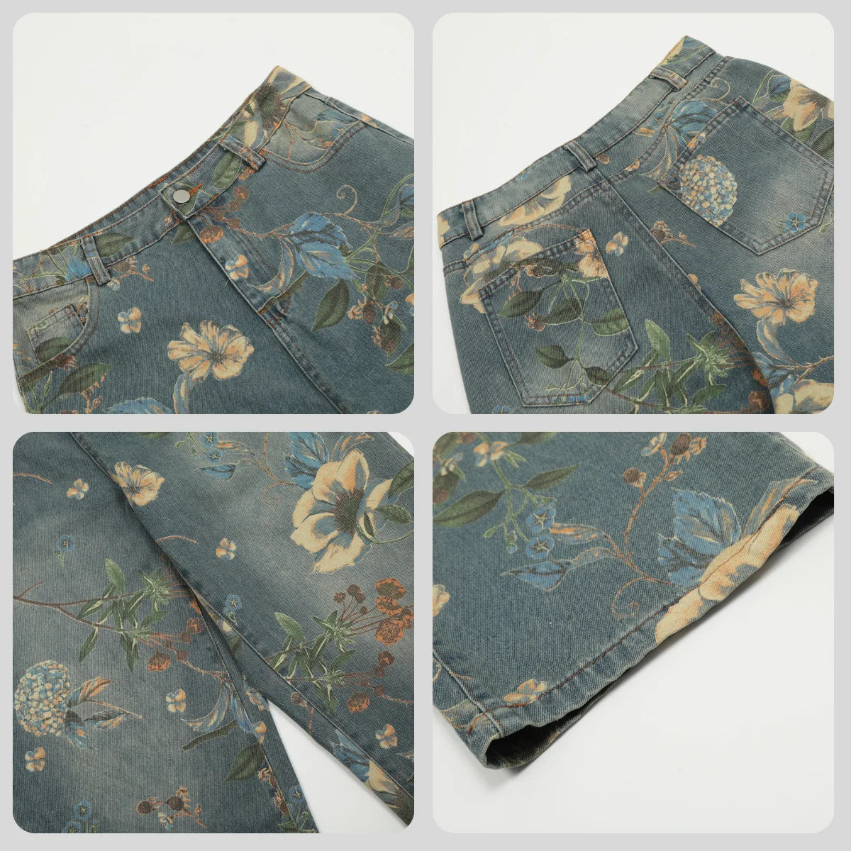 2026 New Vintage Floral Print Wide Leg Denim Pants Y2K High Waisted Distressed Washed Jeans Streetwear Loose Casual Trousers