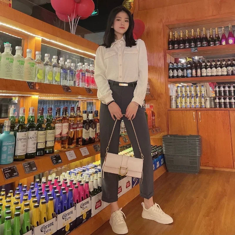 Elegant Summer Casual Pants Women Fashion Solid Color Sashes  Slim Straight Trousers Chic Business Mujer Retro Belt Korean Style