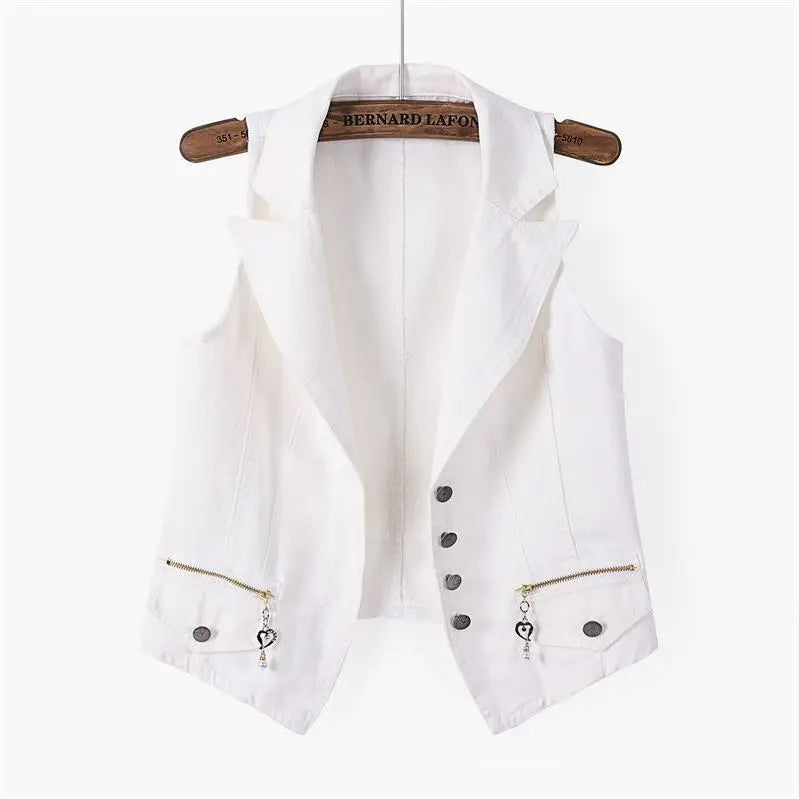 Women Lapel Denim Vest Sleeveless Cropped Jean Waistcoat Jacket with Zipper Pockets