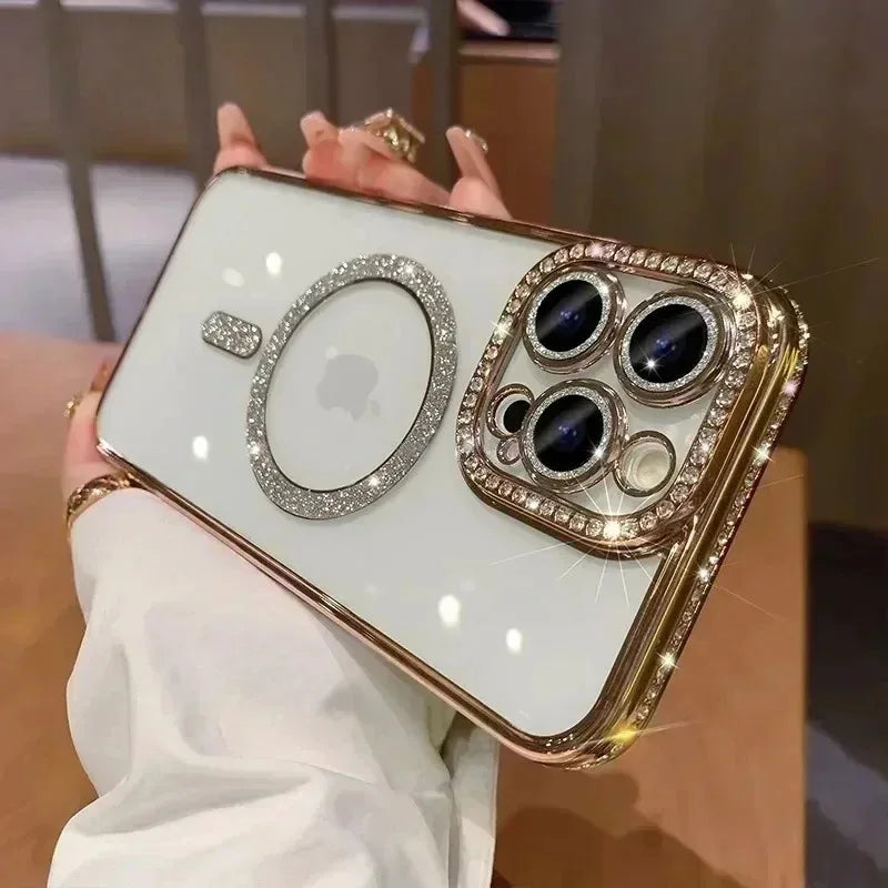 Luxury Glitter Diamond Clear Phone Case For iPhone 15 11 12 13 14 Pro Max Magsafe Magnetic iphone Case Wireless Charging Cover
