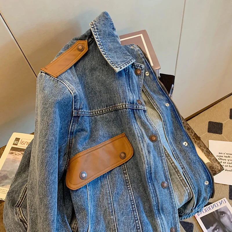 CJFHJE Blue Vintage Patchwork Denim Jacket Women Chicly Fashion Korean Loose Female Jackets Harajuku Zipper Casual Denim Coats