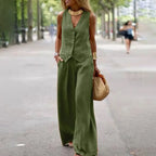 Casual Tank And Wide Leg Pant Sets 2 Piece Sets Women Outfit Summer Elegant Solid Cotton Linen Tops Trousers Suit Femme