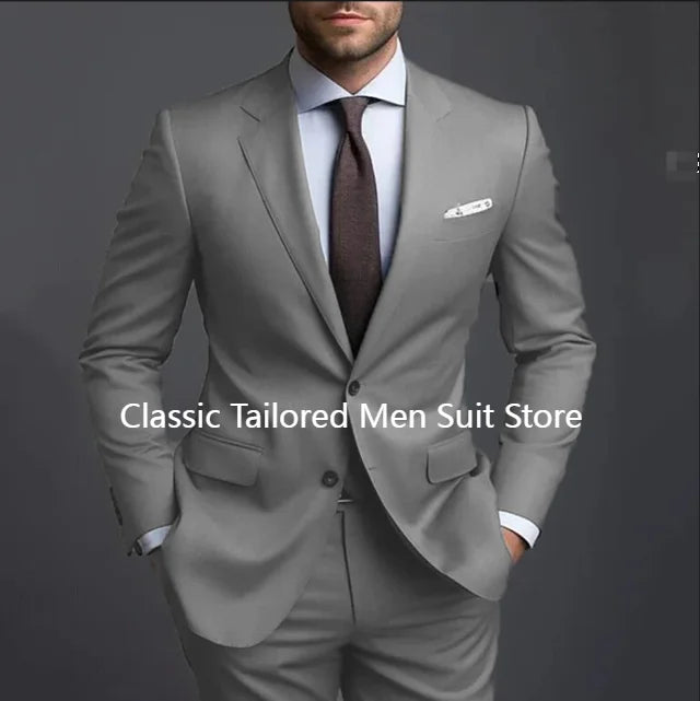 Grey Men Suits Formal Business Notched Lapel Groom Wedding Suits For Men 2 Pieces Slim Fit Tuxedos Blazer Pants Trajes De Hombre