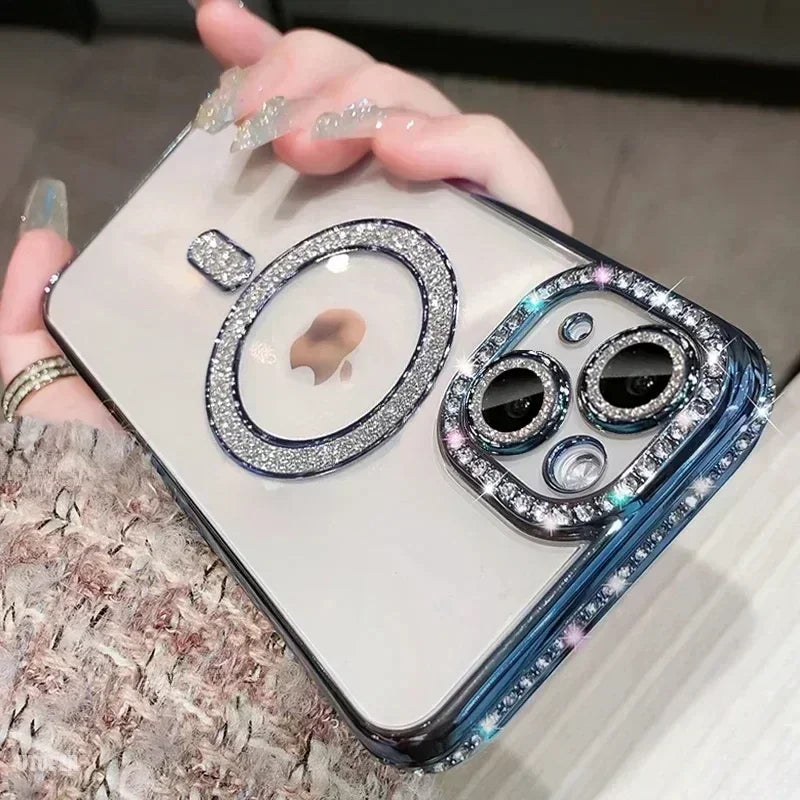 Clear Bling Crystal Phone Case For iPhone 16 15 14 11 12 13 Pro Max Plus For Magsafe Magnetic Wireless Charging Lens Film Cover