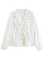 FSLE 2026 Summer New Women's French Style V-Neck Ruffle Blouse Lightweight Sheer Hem Top for Coquette Vacation Chic Daily Style