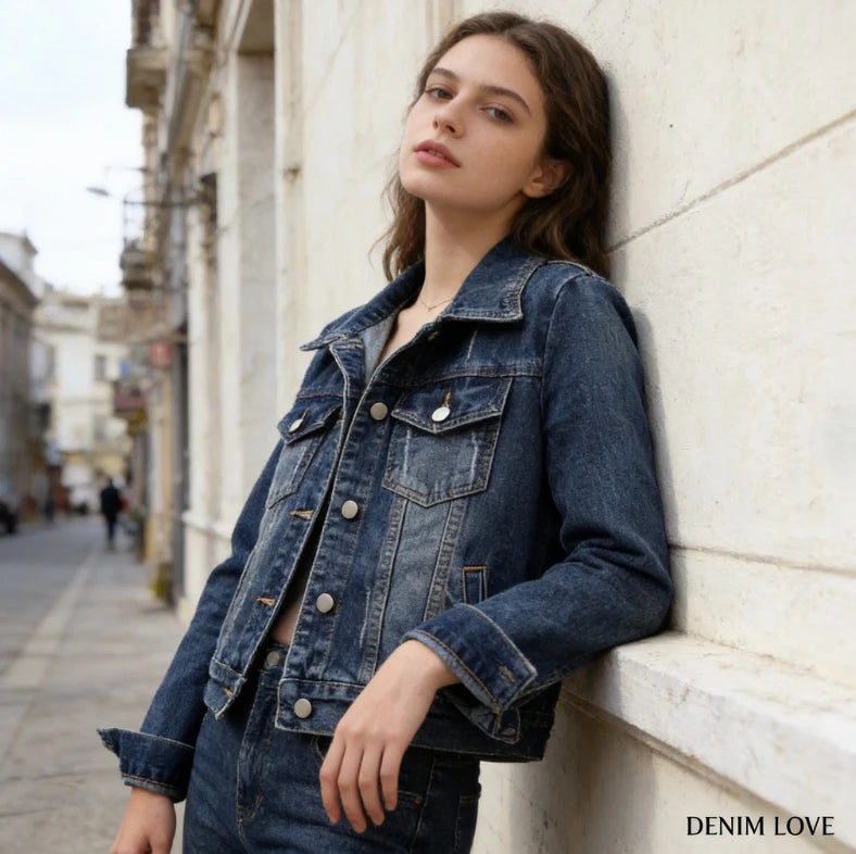 Slim Fit Denim Jacket for Women Short Washed Single Breasted Long Sleeve Tops