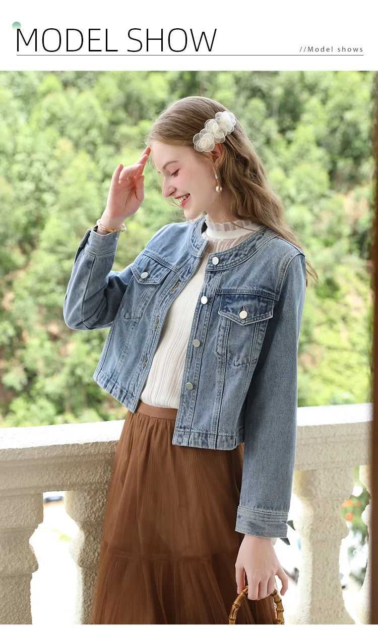 I BELIEVE YOU Short Denim Coat for Women 2024 Crew Neck Autumn New Casual Basic Straight Comfort Retro Female Jackets CWN245542A