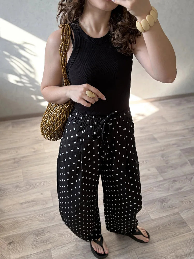 Black Polka Dot Linen Pants Women Wide Leg Summer Trousers Baggy For Ladies White Oversize Cotton Linen Pants Woman Wide