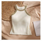 2026 Summer Sleeveless Knitted Vest Shirt Slim Halter Neck Beaded Tops Slim Sexy Bright Silk Women Camisole